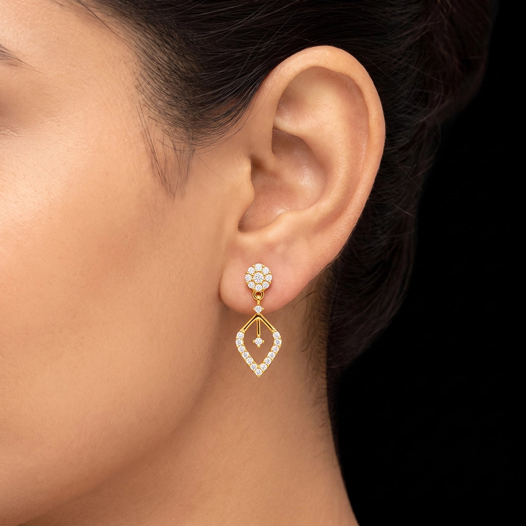 CZ Floret Open Leaf Drop Hanging Stud Gold Layered