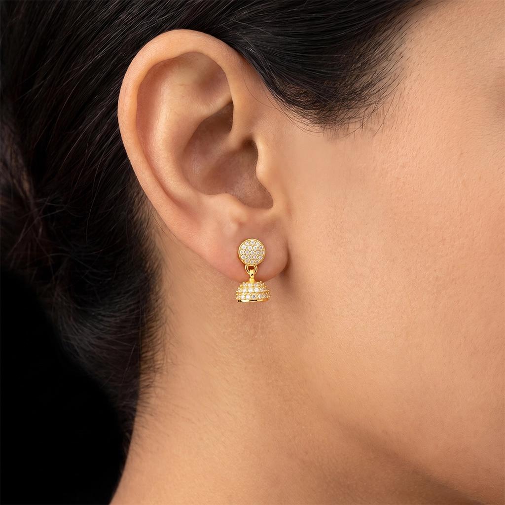 CZ Pave Dome Bell Drop Jimikka Hanging Stud Gold Layered