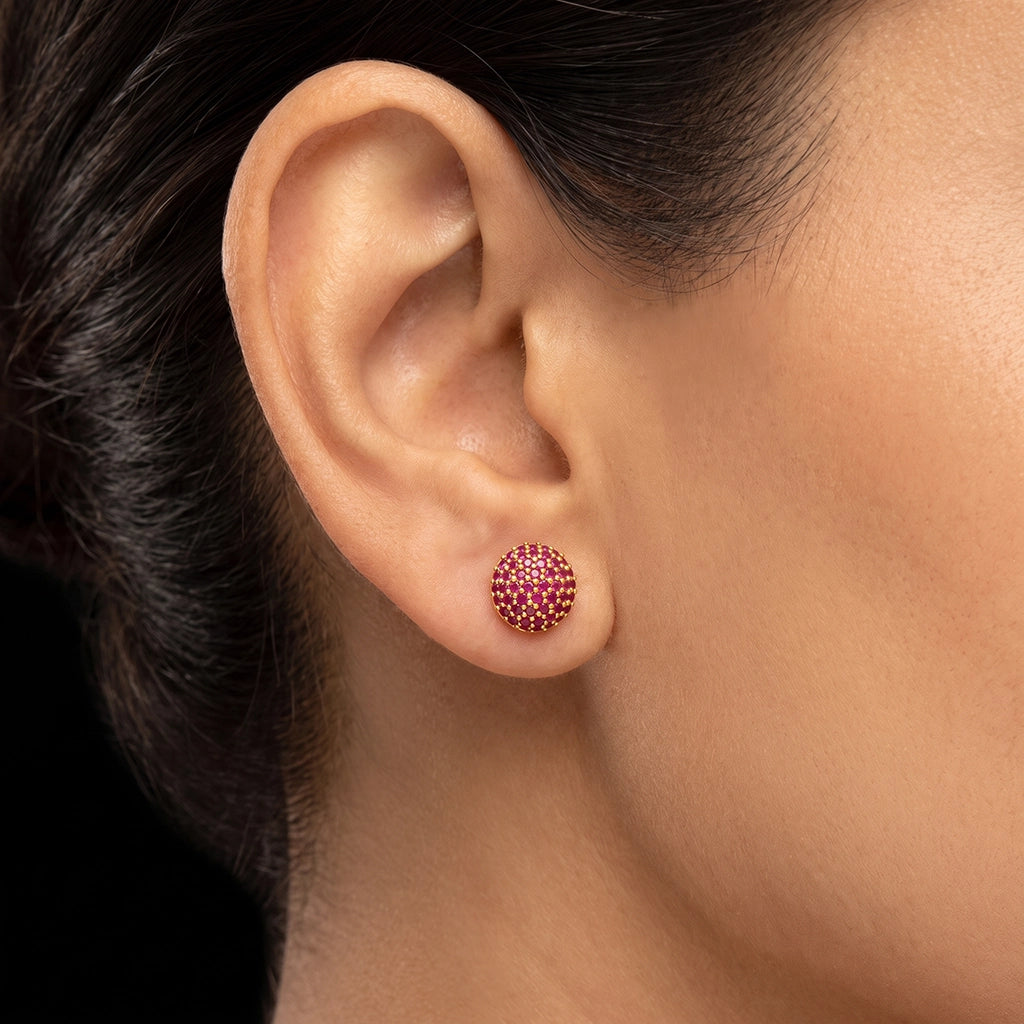 Ruby Colour CZ Pave Ball Stud Gold Layered
