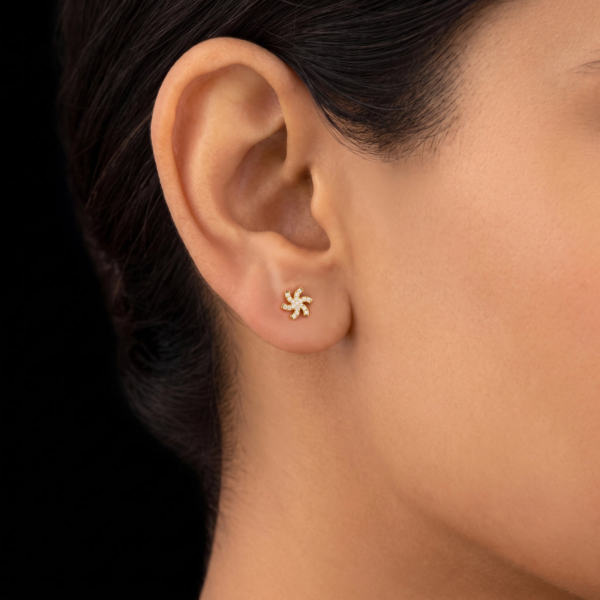 CZ Pinwheel Pave Stone Stud Gold Layered