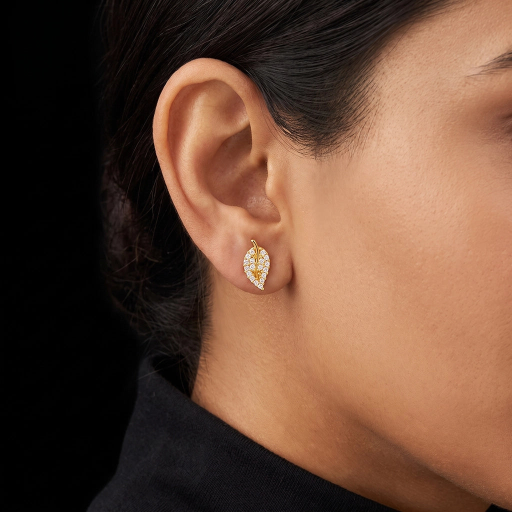 CZ Pave Leaf Stud Gold Layered