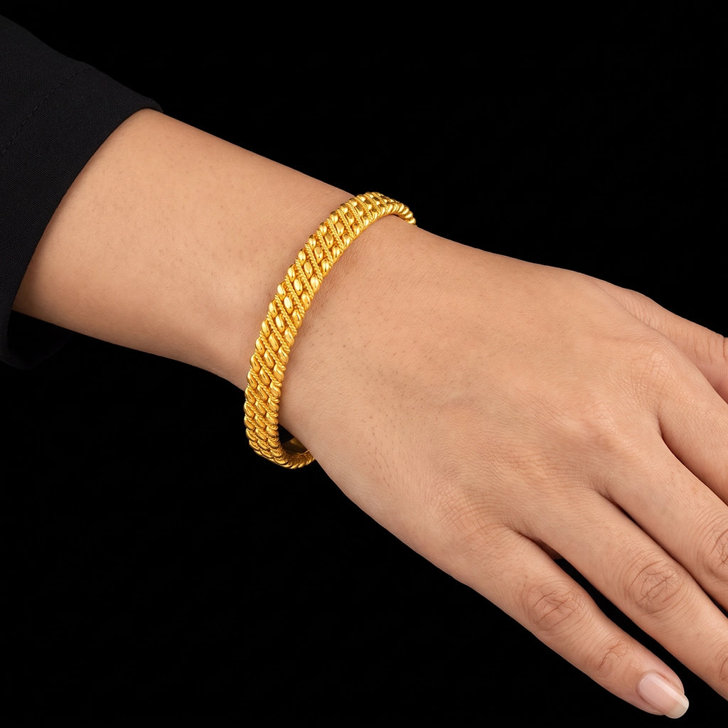 Gold Twisted Wire Leaf Row Rope Bangle Gold Layered