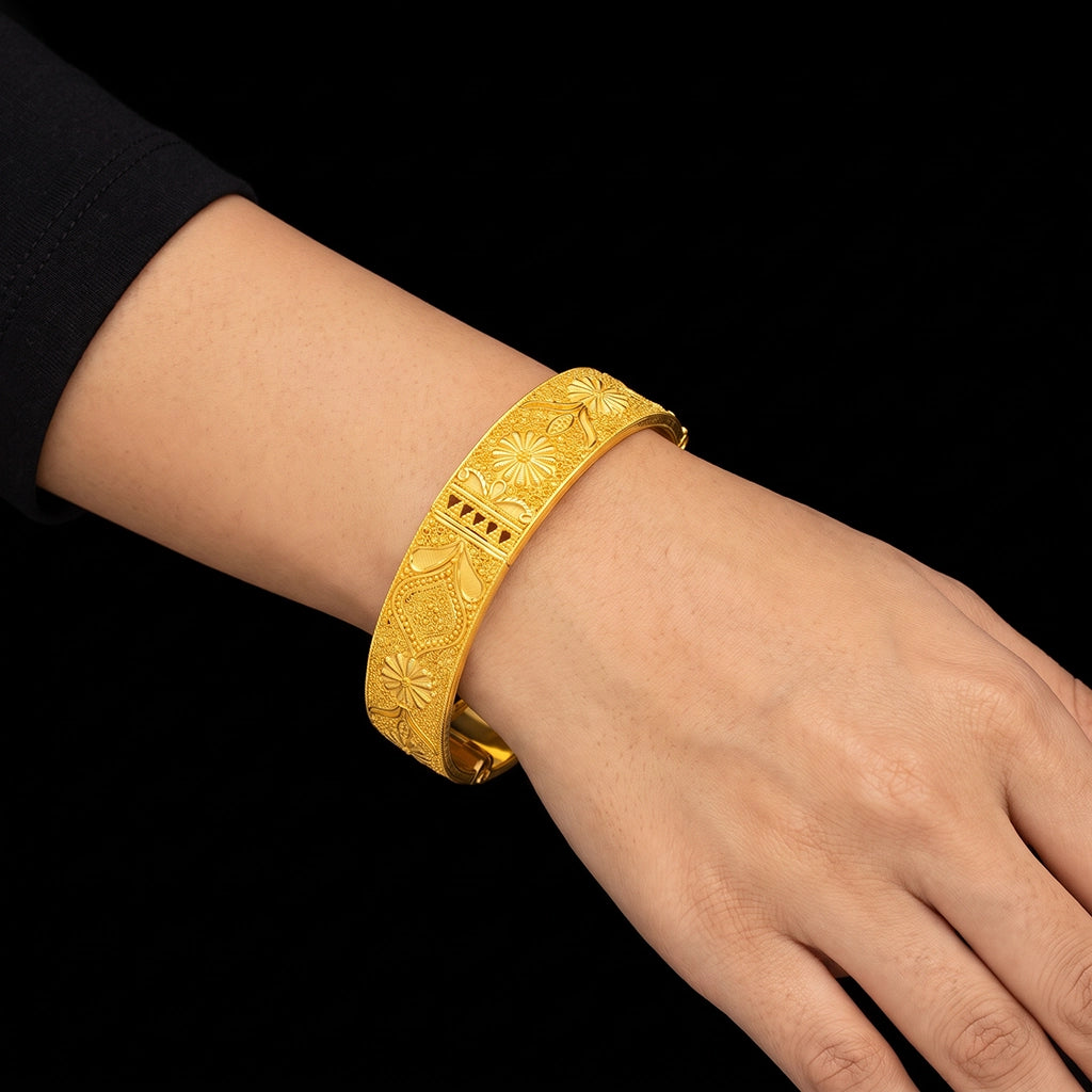 Gold Floral Filigree Panel Hinged Kada Gold Layered