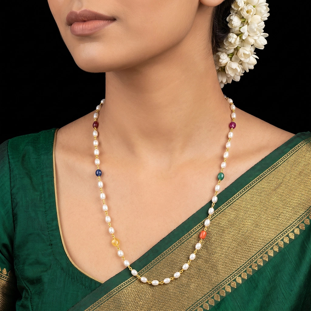 Pearl Navaratna Bead Link Long Chain Necklace Gold Layered