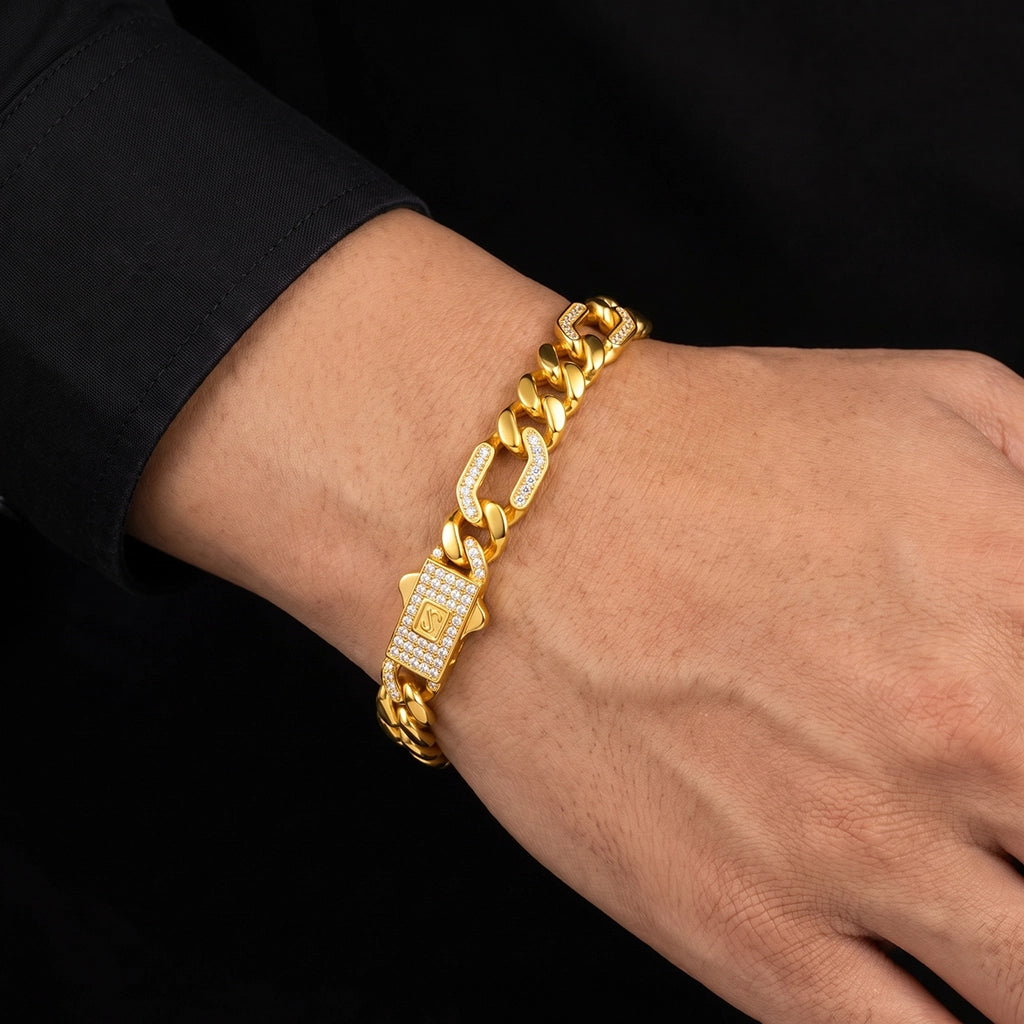 Pave Curb Link Gents Bracelet Gold Layered