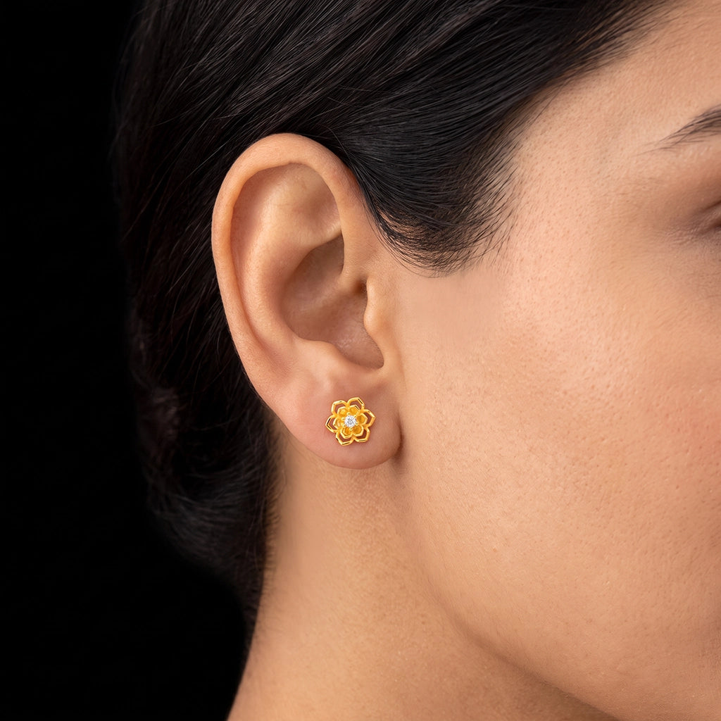 CZ Flower Outline Stud Earrings Gold Layered