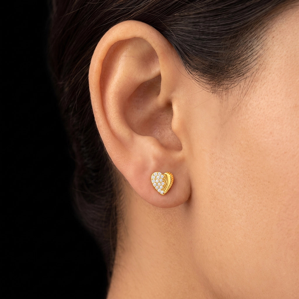 Heart Leaf Diamond Cut Stone Cluster Stud Gold Layered