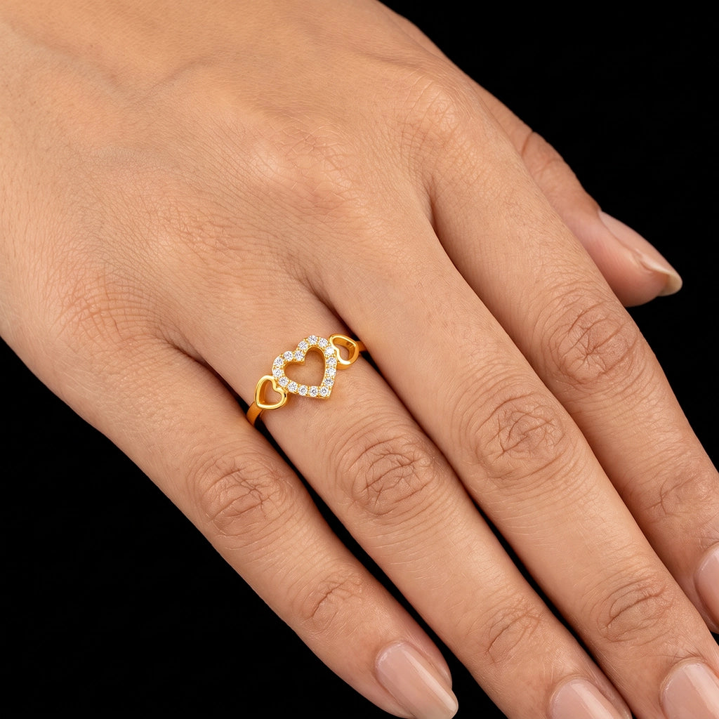 Open Heart Stone Twin Heart Shank Ring Gold Layered