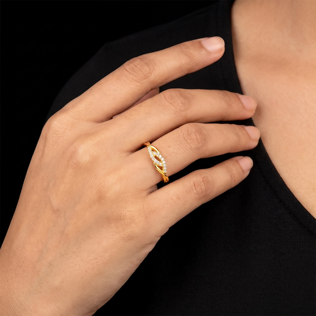 Twin Leaf Stone Row Twist Shank Ring Gold Layered