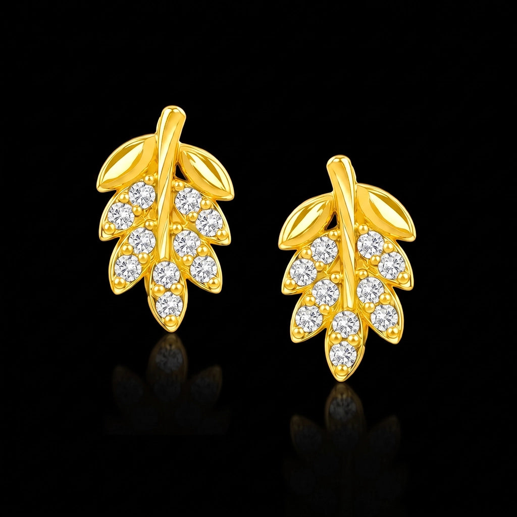 Leaf Spray Stone Stud Gold Layered