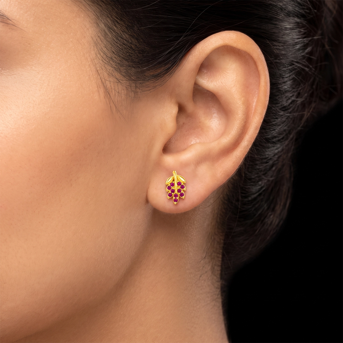 Leaf Spray Stone Stud Gold Layered