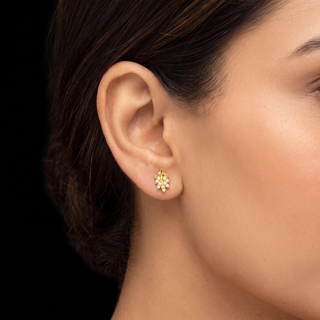 Leaf Spray Stone Stud Gold Layered