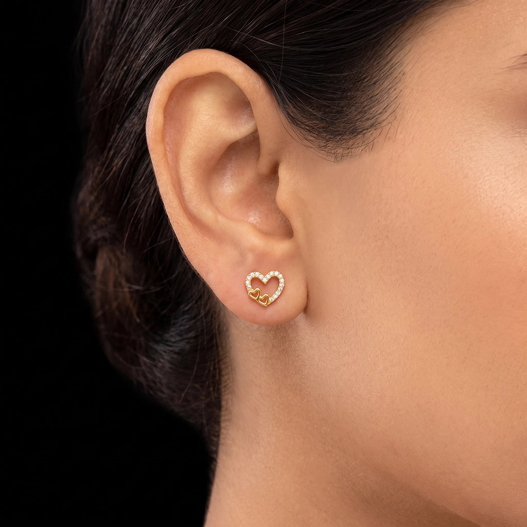 Heart Outline Twin Heart Stone Stud Gold Layered