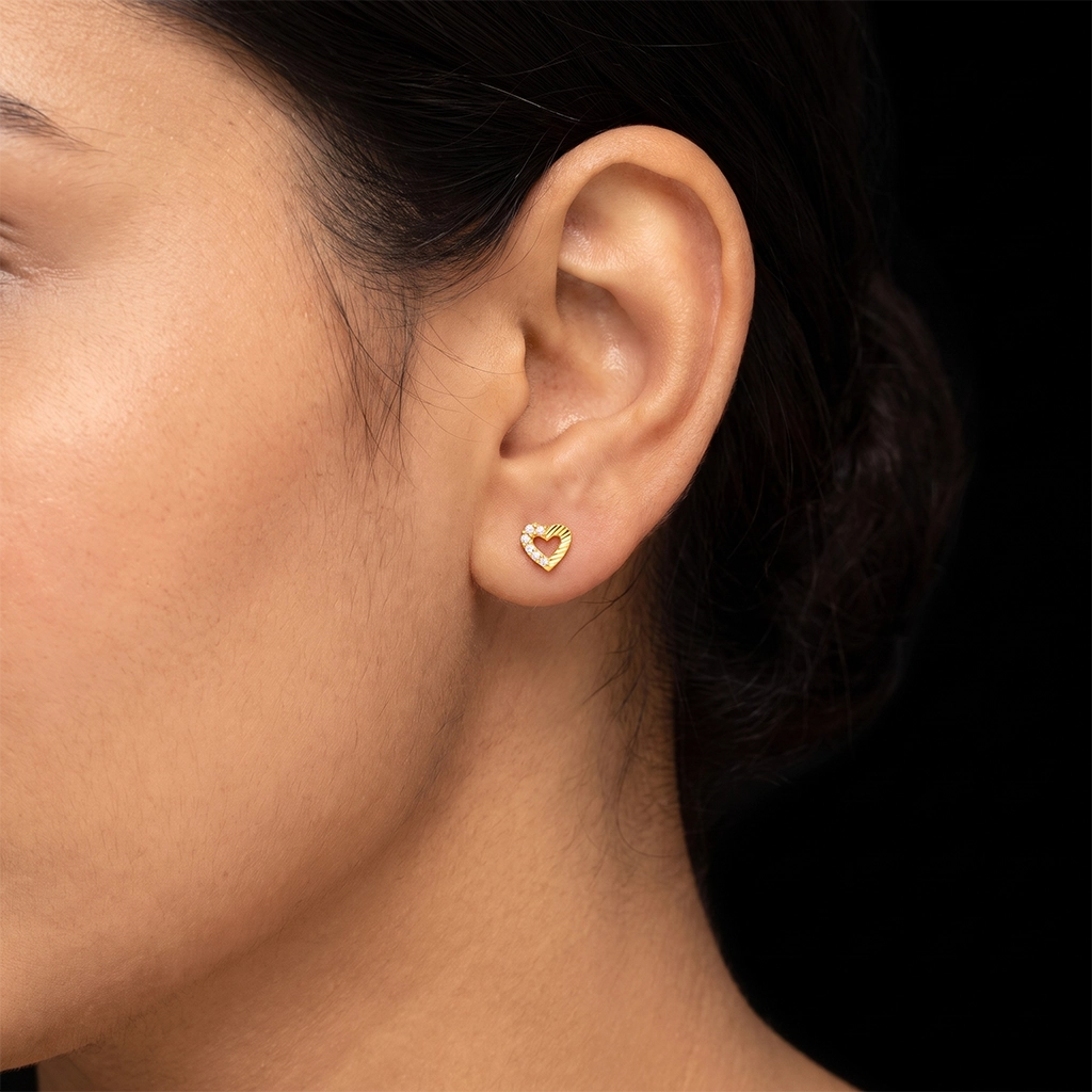 Heart Half Stone Diamond Cut Stud Gold Layered