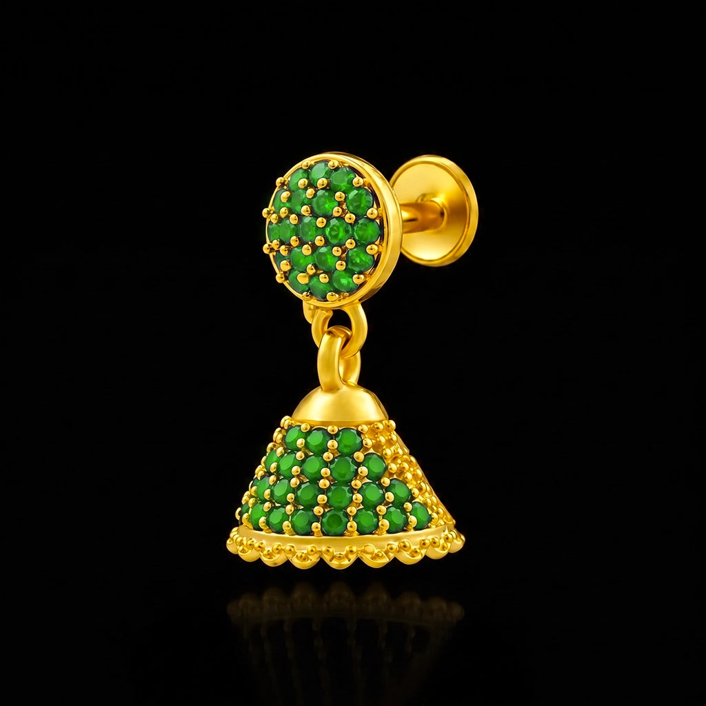 Green CZ Pave Dome Jimikka Hanging Stud Gold Layered