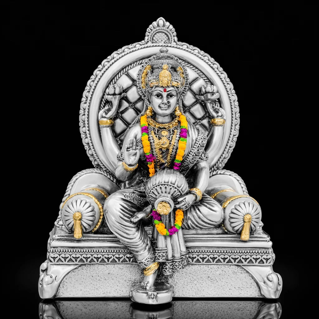 Goddess Lakshmi Idol on Throne with Gold Highlights & Vibrant Garland PIDRSL19-006