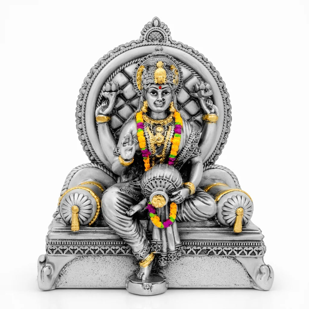 Goddess Lakshmi Idol on Throne with Gold Highlights & Vibrant Garland PIDRSL19-006