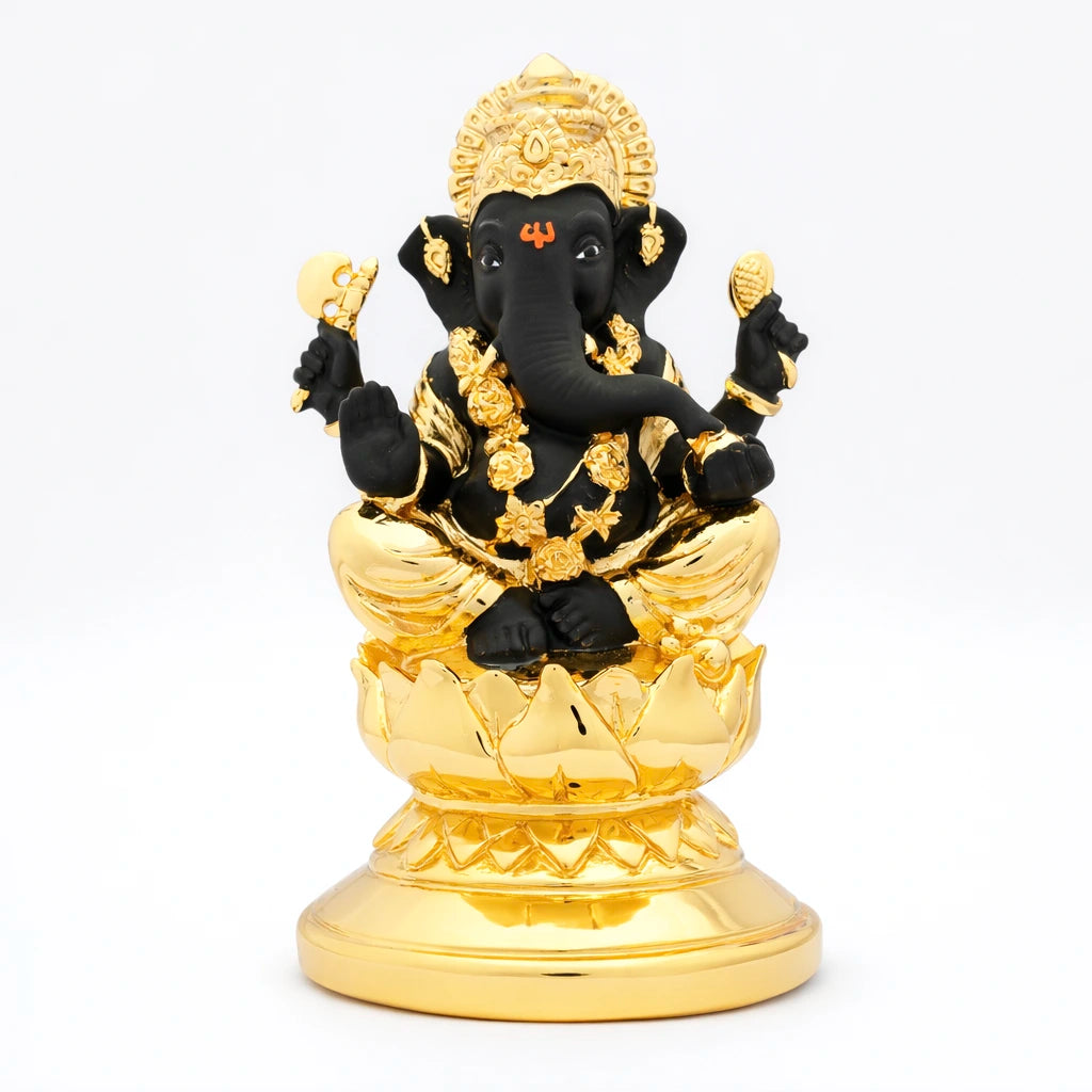 Lord Ganesha Idol – Black and Gold Finish – Traditional Hindu Deity Sculpture – Ganapati Puja Decor – Home & Festive Gift | PIDRBG73-007