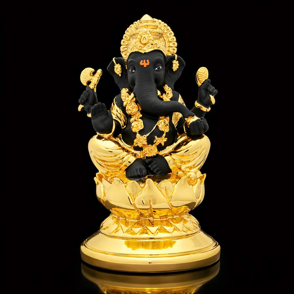 Lord Ganesha Idol – Black and Gold Finish – Traditional Hindu Deity Sculpture – Ganapati Puja Decor – Home & Festive Gift | PIDRBG73-007