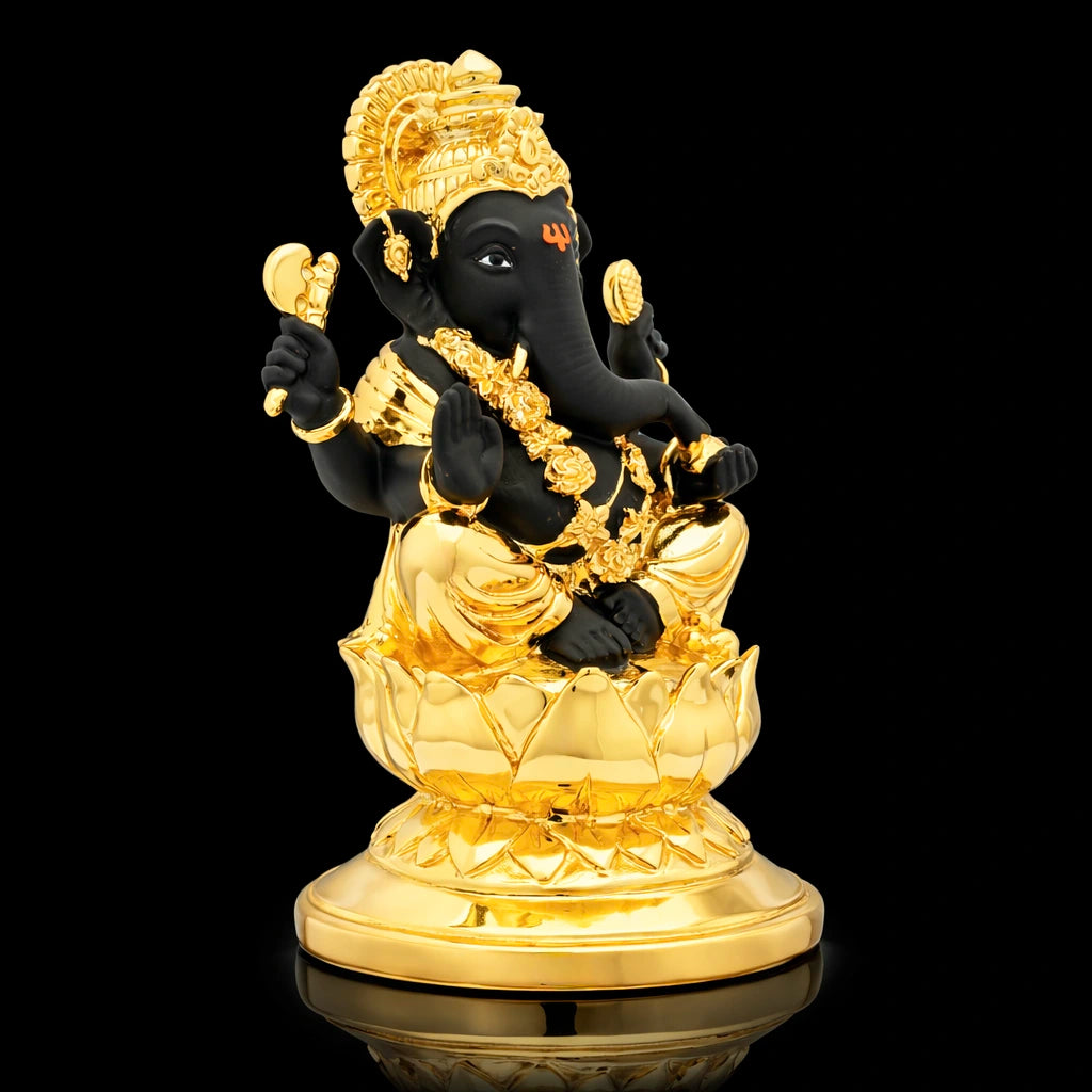 Lord Ganesha Idol – Black and Gold Finish – Traditional Hindu Deity Sculpture – Ganapati Puja Decor – Home & Festive Gift | PIDRBG73-007