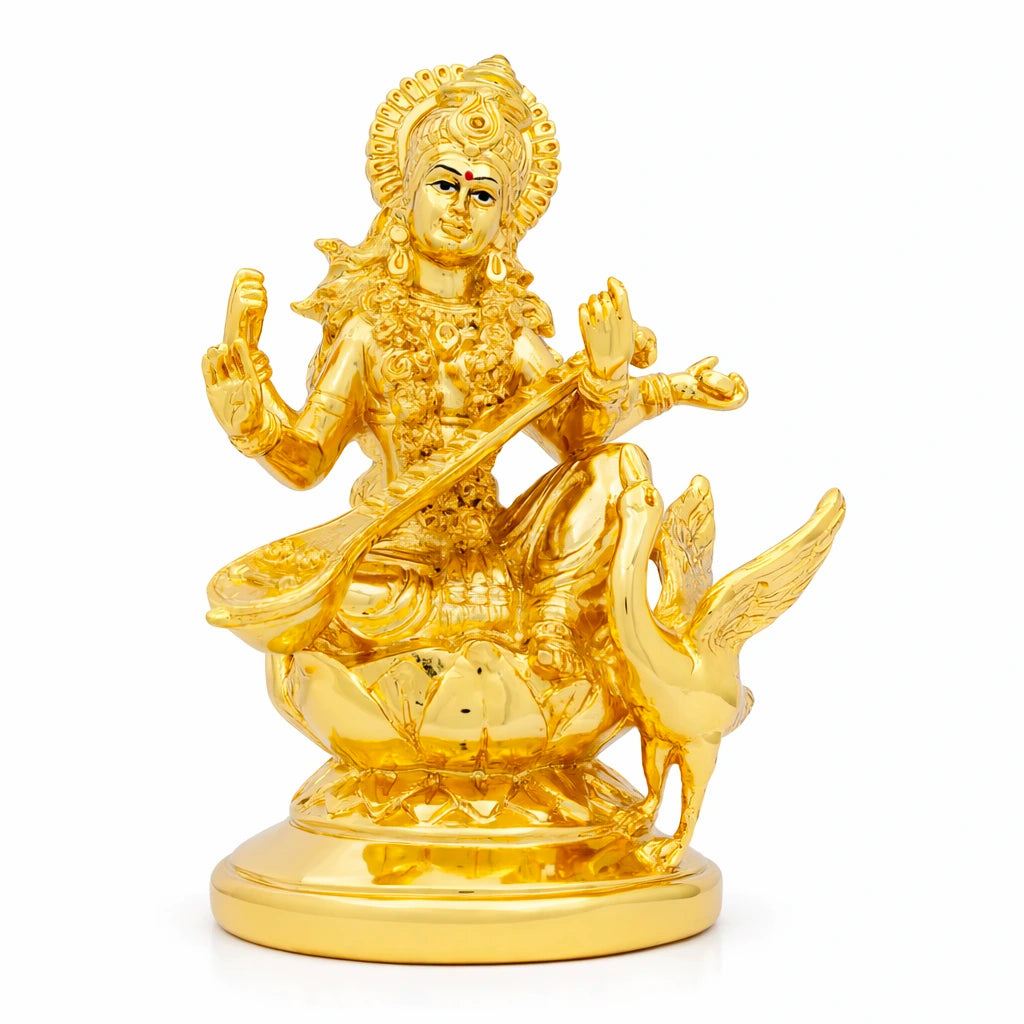 Golden Goddess Saraswati Idol with Veena Seated on Lotus with Hamsa PIDRGSA8-007