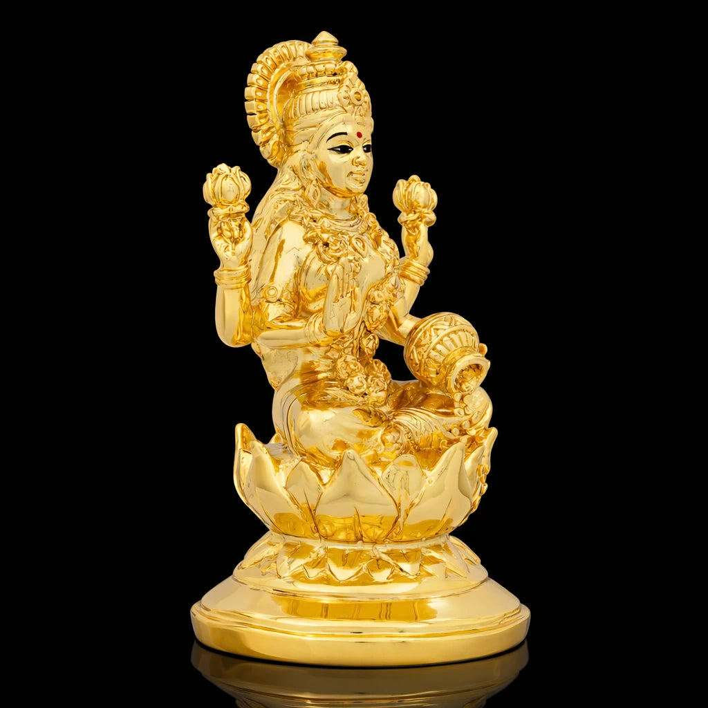 Golden Goddess Saraswati Idol with Veena Seated on Lotus with Hamsa PIDRGSA8-007