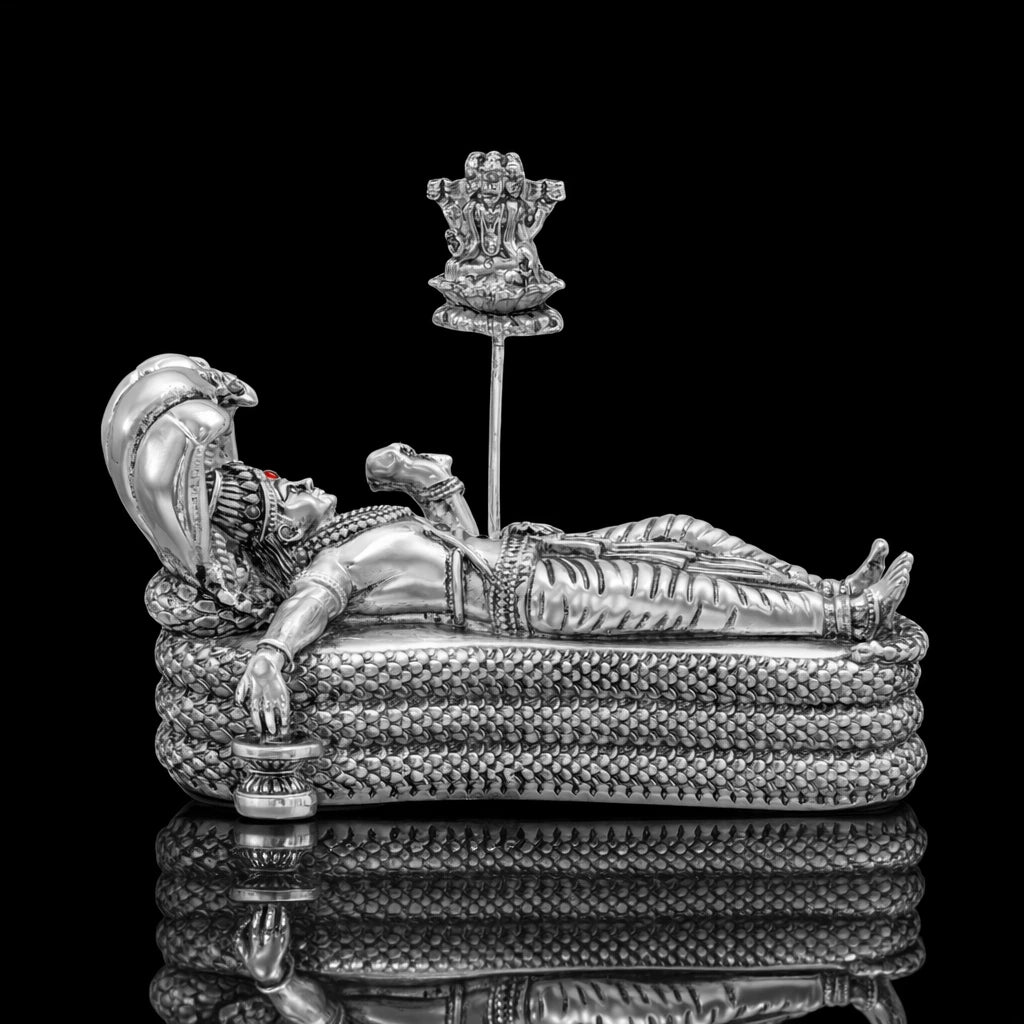 Silver Finish Lord Vishnu Anantha Shayanam Idol PIDRSAPN2-032