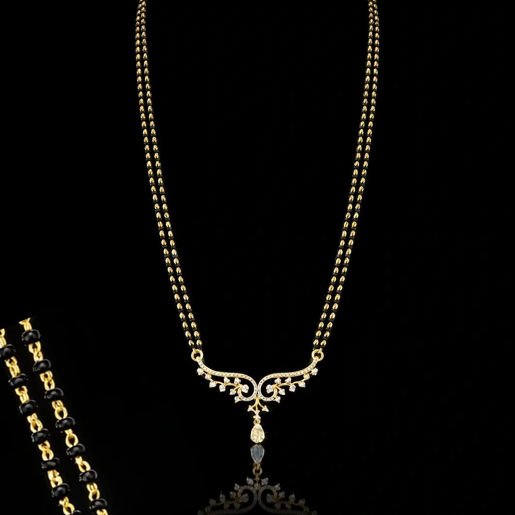 Black Bead CZ Fan Locket Karimani Chain Gold Layered