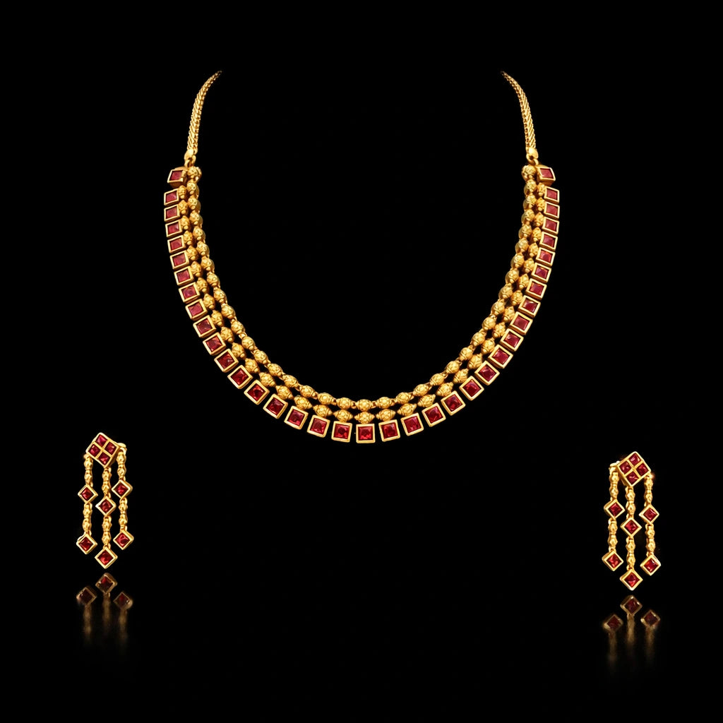 Ruby stone gheru necklace with Stud, PSGRNSSR66R-085, PSGRHSTSR40R-061