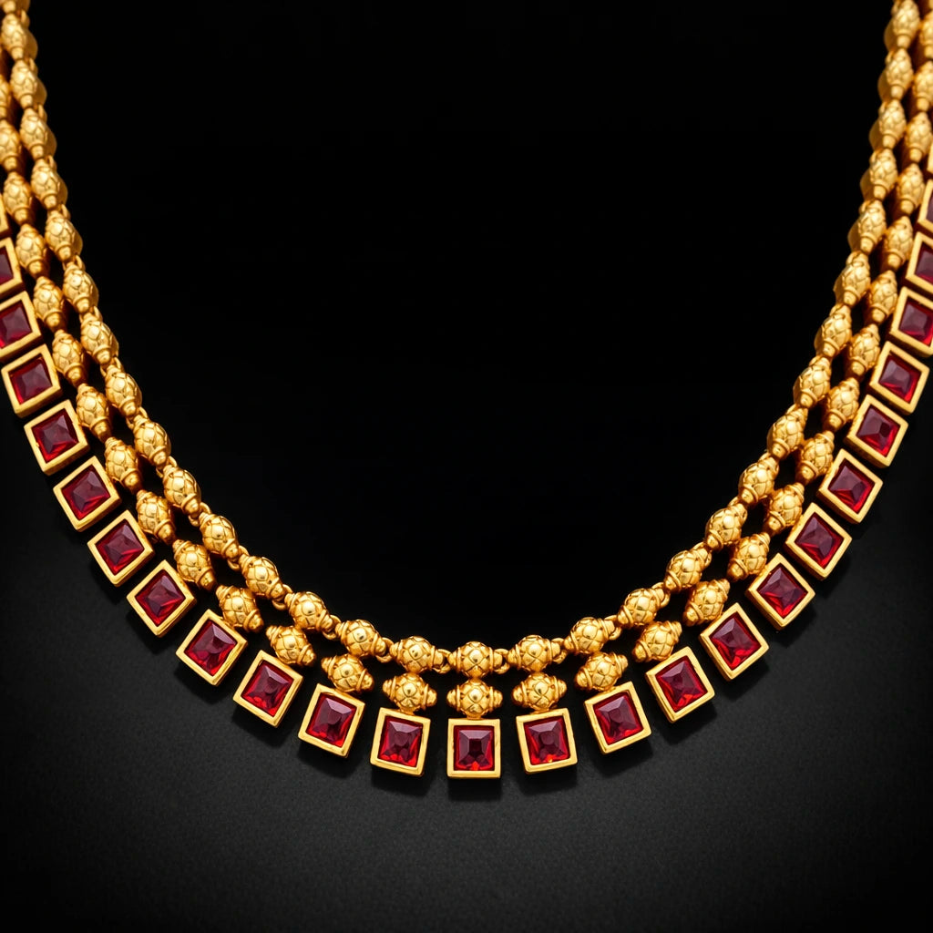 Ruby stone gheru necklace with Stud, PSGRNSSR66R-085, PSGRHSTSR40R-061