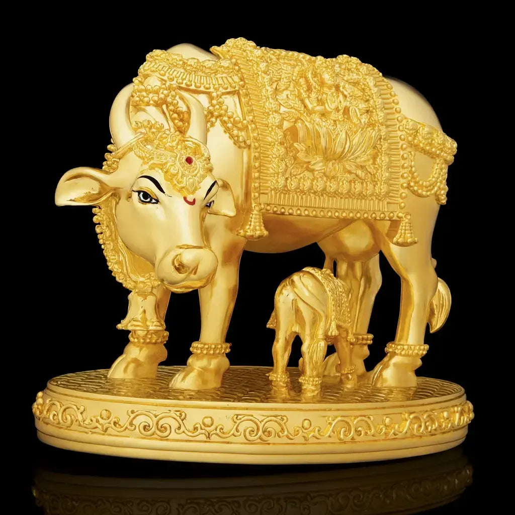 Sacred Cow & Calf Idol – Golden Ornate Sculpture of Prosperity PIDRGCC10-0052