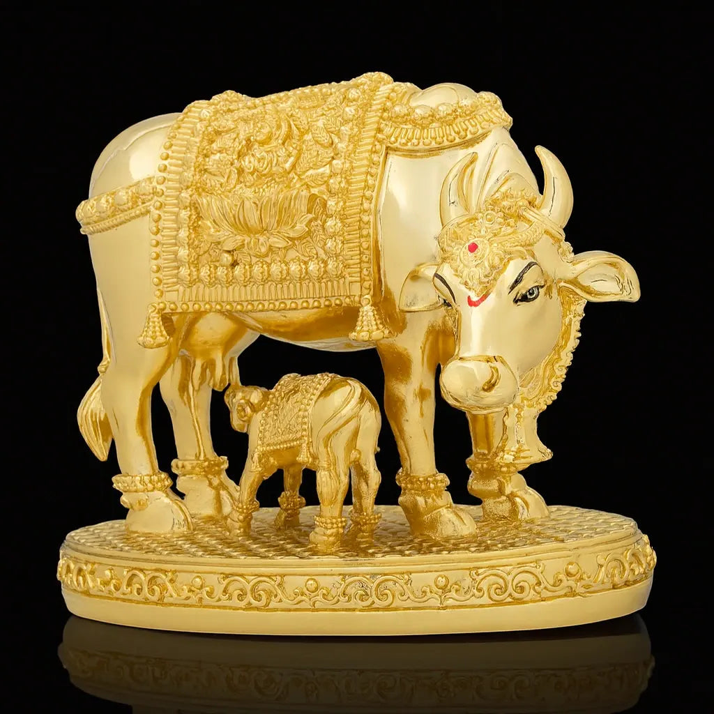 Brass Cow & Calf Idol – 24ct Gold Layered Divine Prosperity Symbol PIDRGCC9-0041