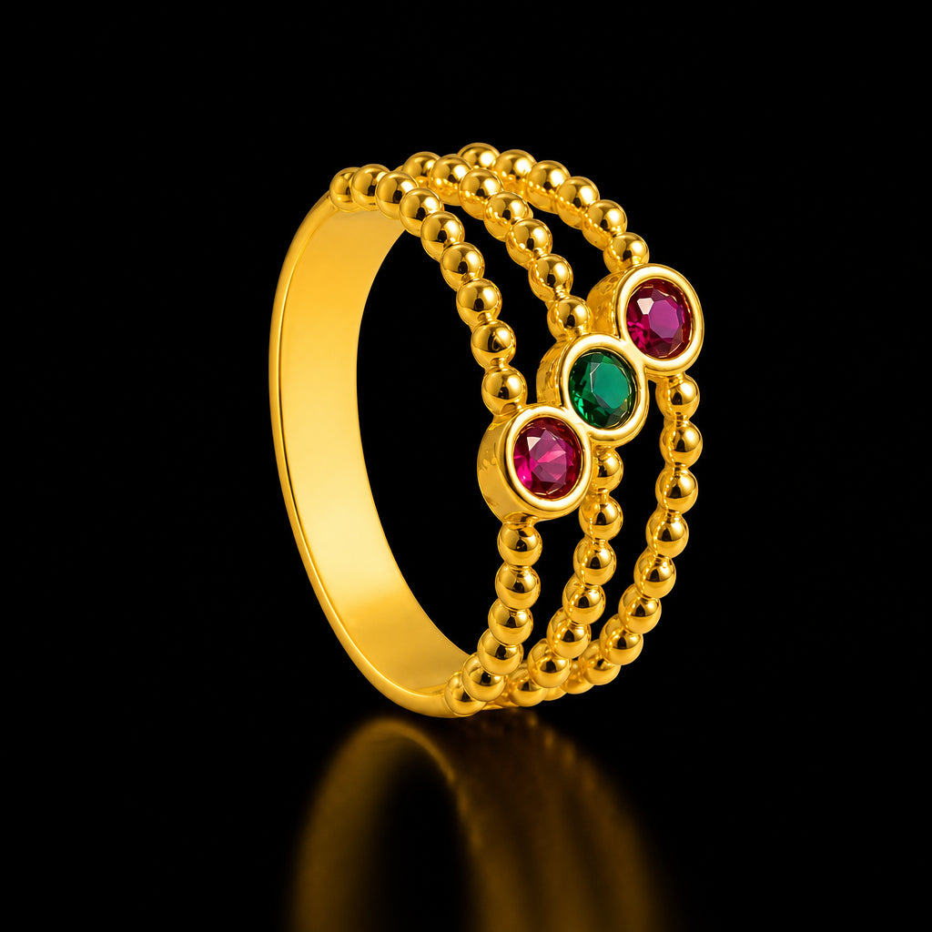 Multi Stone Triple Row Stone Ring Gold Layered