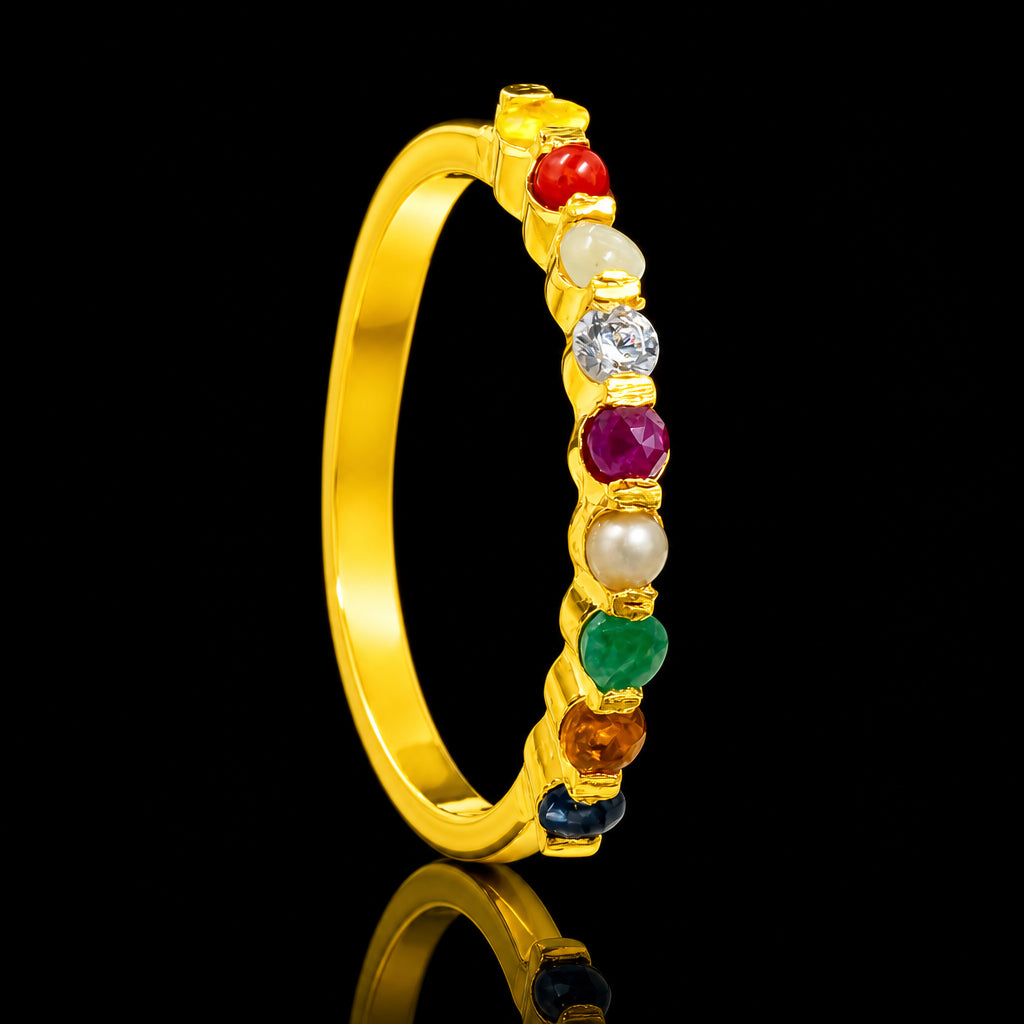 Navaratna Row Slim Band Ring Gold Layered