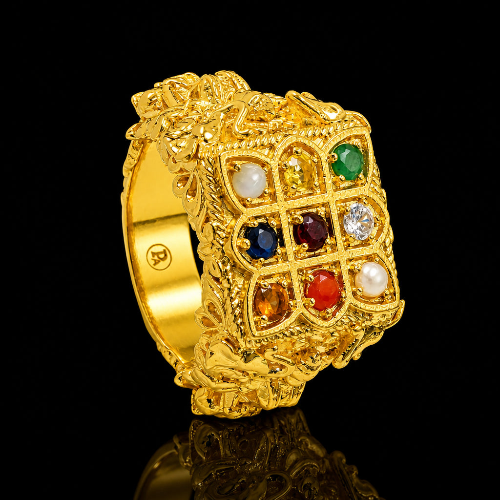 Navaratna Ornate Broad Ring Gold Layered