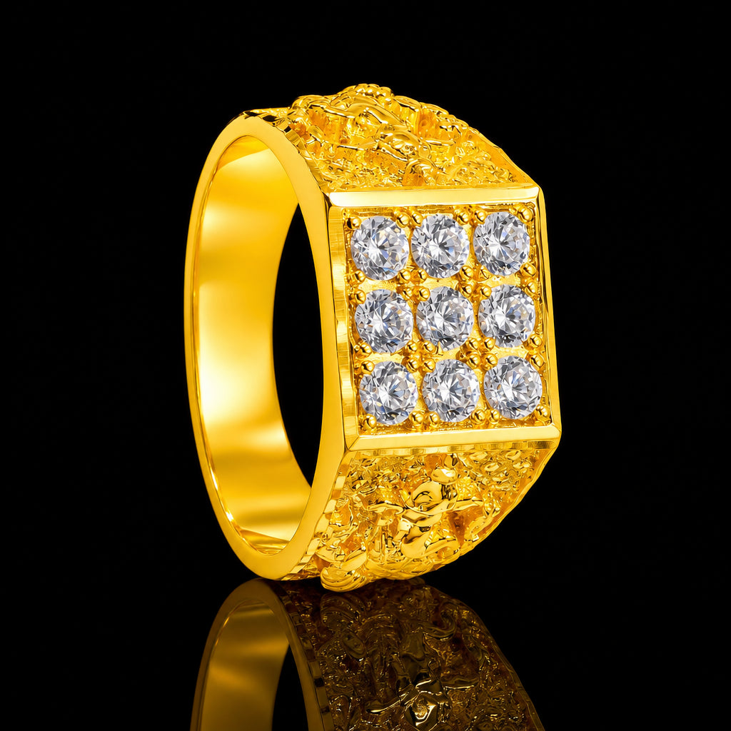 CZ Grid Broad Ornate Face Stone Gents Ring Gold Layered