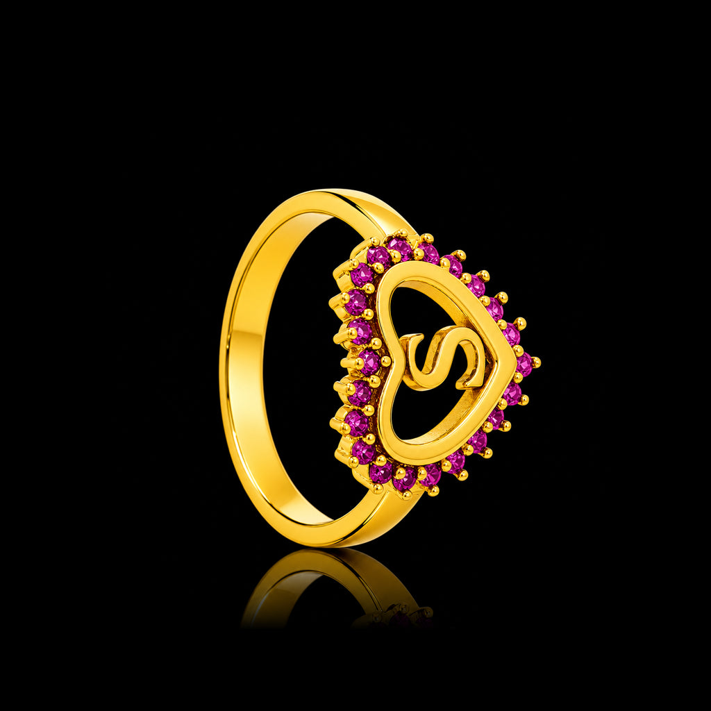 Pink Heart Curl Crown Stone Ring Gold Layered