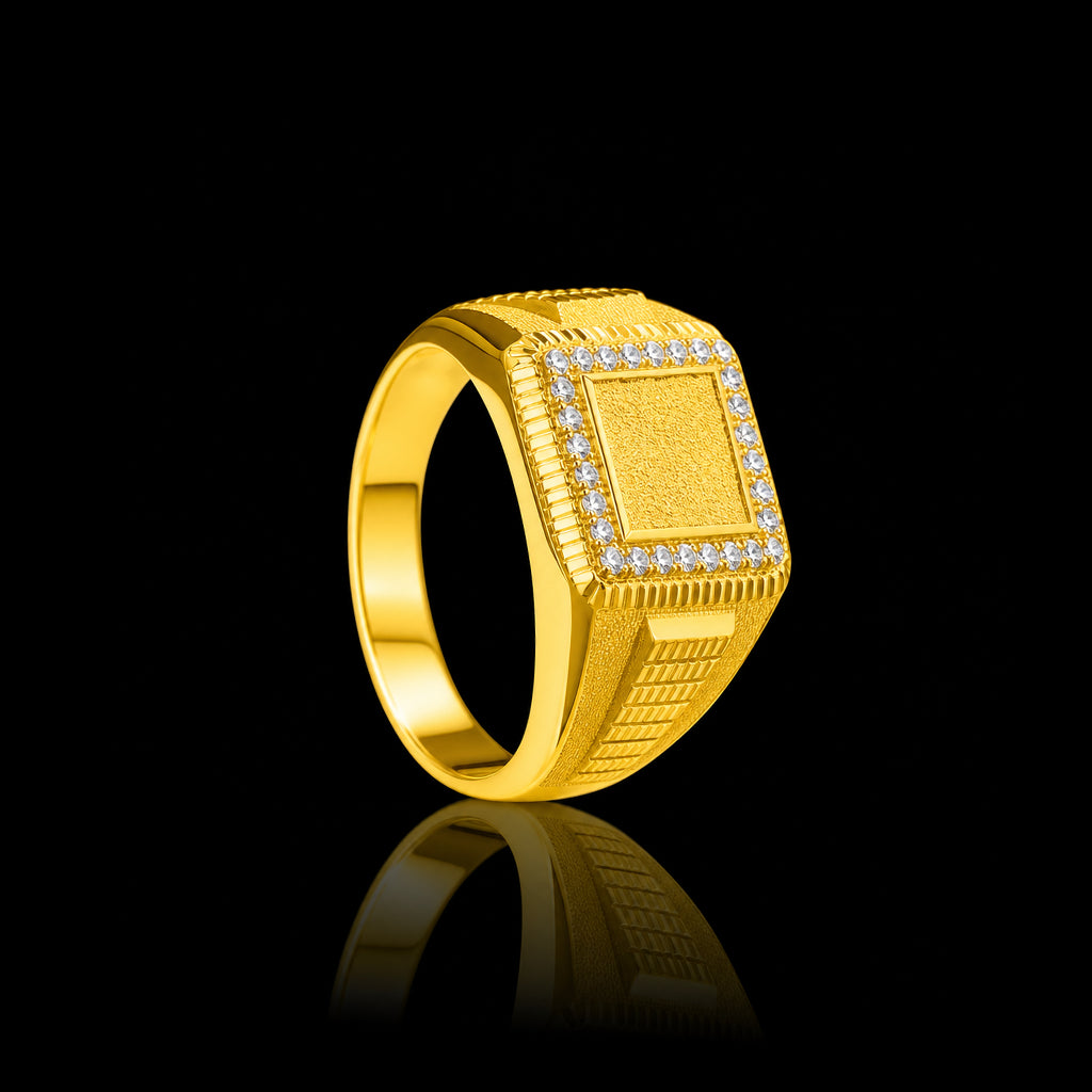 CZ Square Ribbed Face Stone Gents Ring Gold Layered