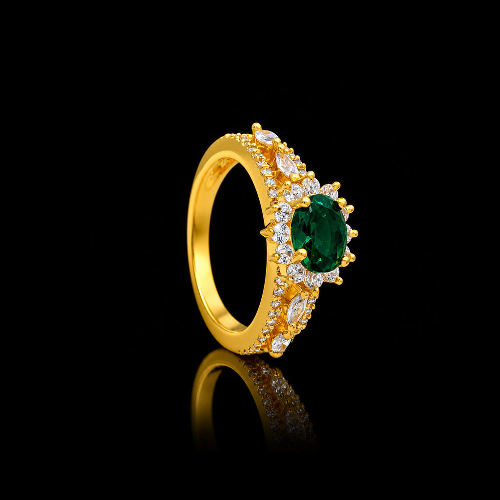 Green Oval Crown Band Ring Gold Layered