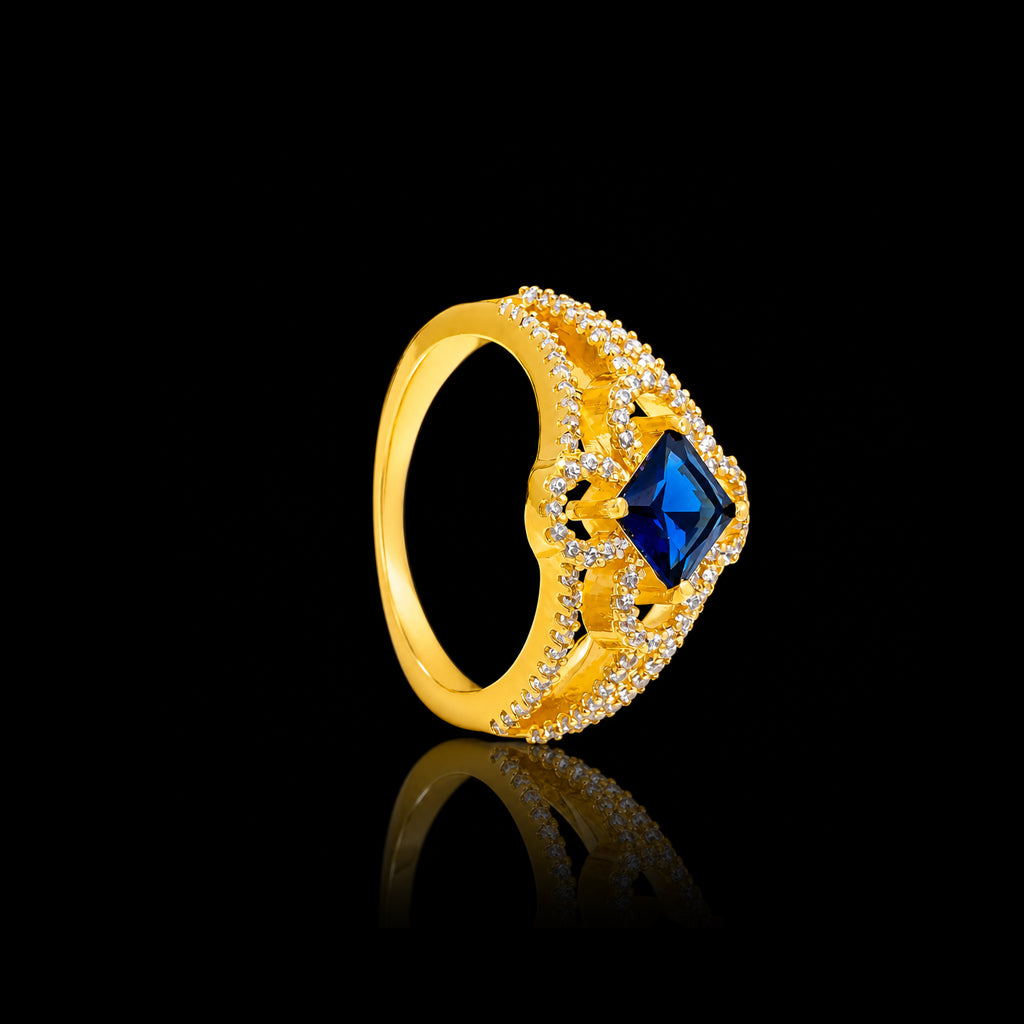 Blue Stone Crown Band Ring Gold Layered