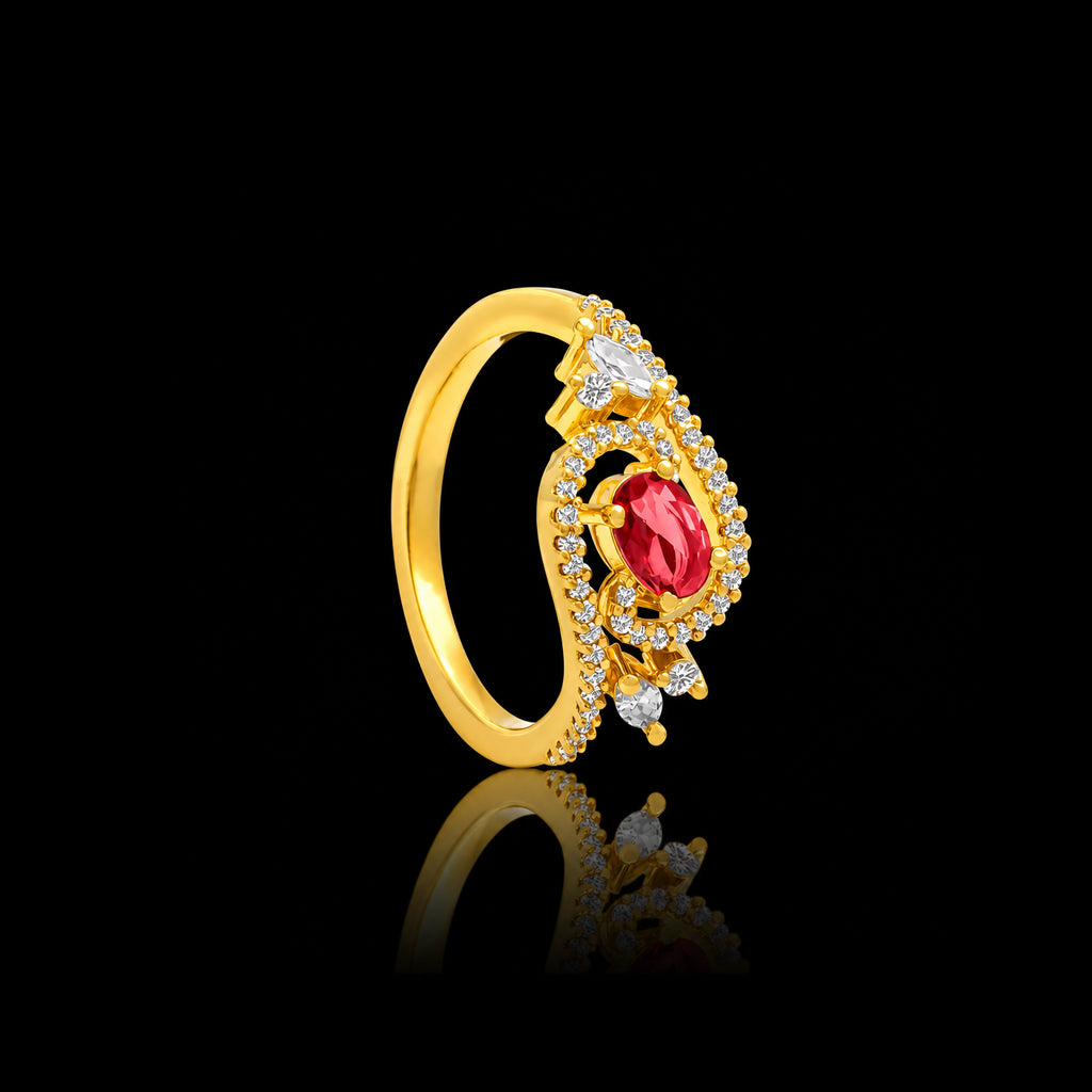 Deep Red Oval Bloom Band Ring Gold Layered