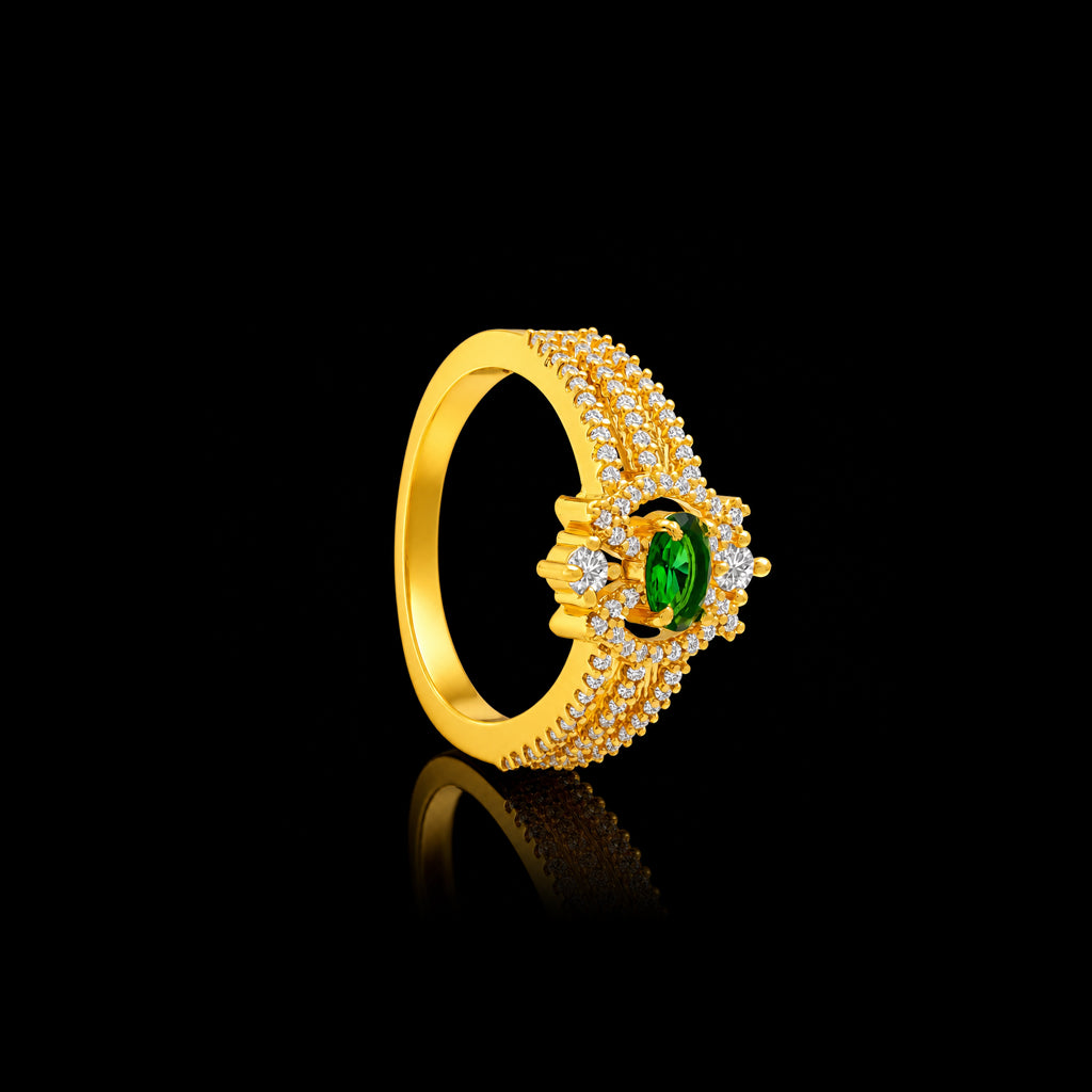 Green Oval Halo Fine Band Ring Gold Layered