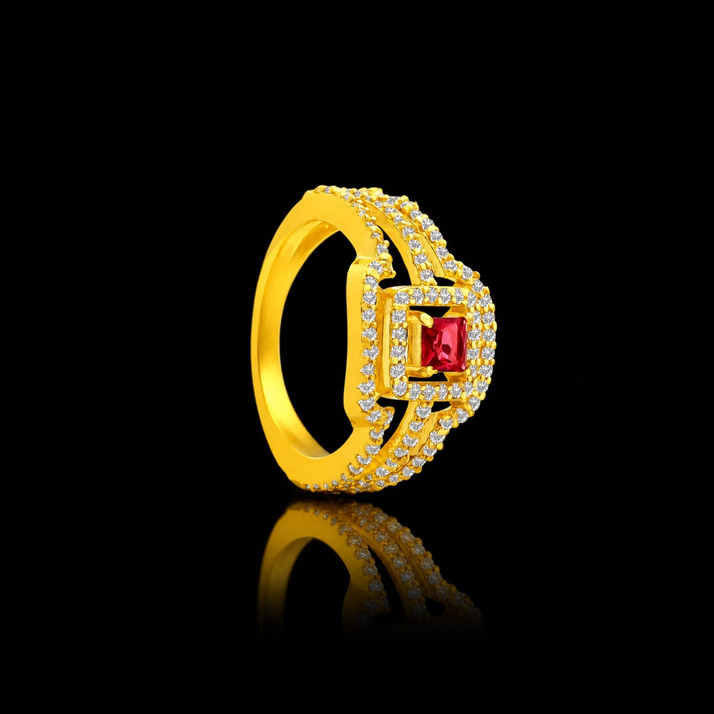 Deep Red Square Halo Band Ring Gold Layered