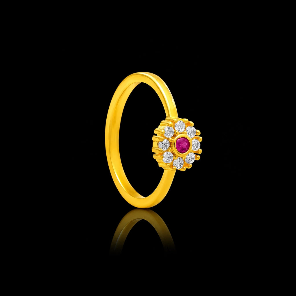 Deep Red Bloom Halo Fine Stone Ring Gold Layered