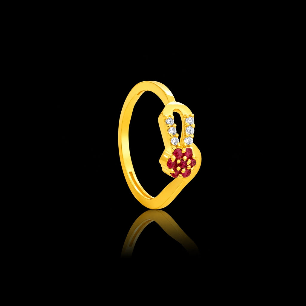 Deep Red Heart Bloom Fine Stone Ring Gold Layered