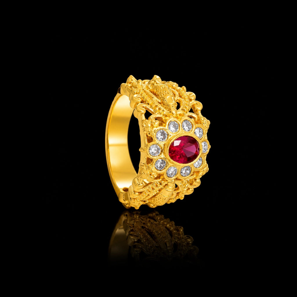 Deep Red Bloom Crown Broad Gents Ring Gold Layered