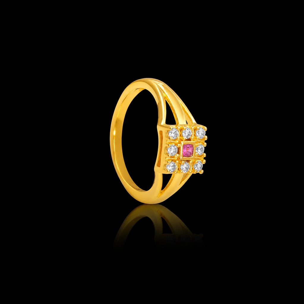 Deep Red Bloom Square Fine Stone Ring Gold Layered