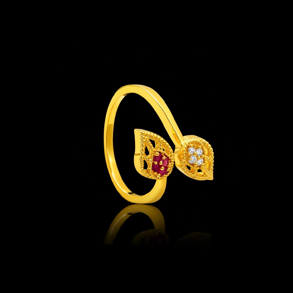 Deep Red Leaf Twin Fine Stone Ring Gold Layered
