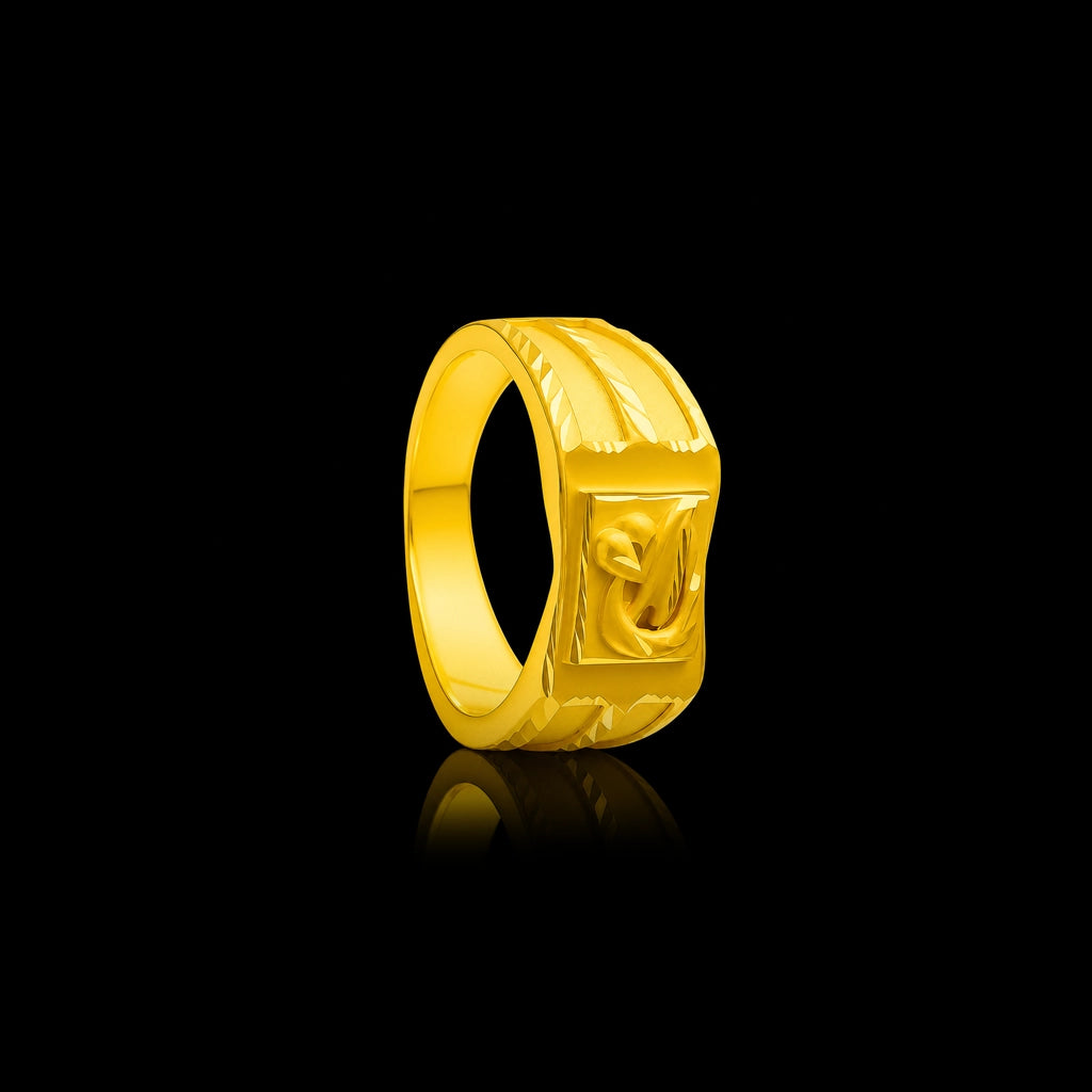 Block Ribbed Fine Face Gents Ring Gold Layered