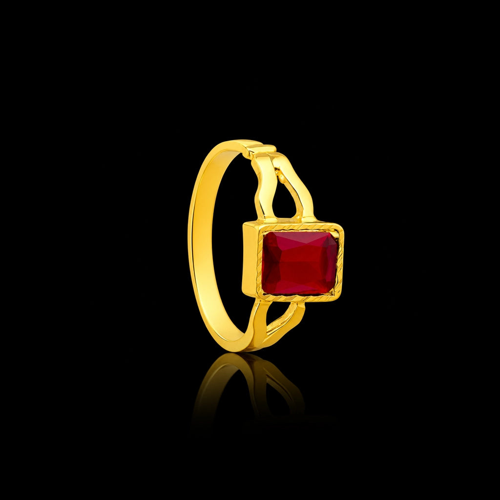 Deep Red Rectangle Bezel Band Gheru Stone Gents Ring Gold Layered